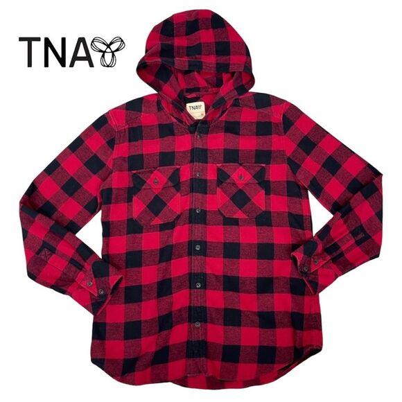 Aritzia TNA Brewster Boyfriend Hooded Buffalo Plaid Flannel Shirt Shaket M Red - Picture 2 of 16